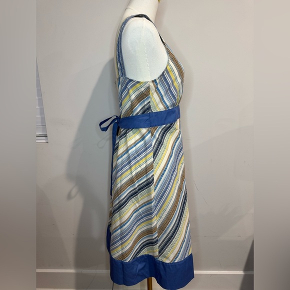 Patagonia Size 10 Netty V-neck Striped Tie Back Midi Dress - Blue, Yellow, Brown - Picture 5 of 9